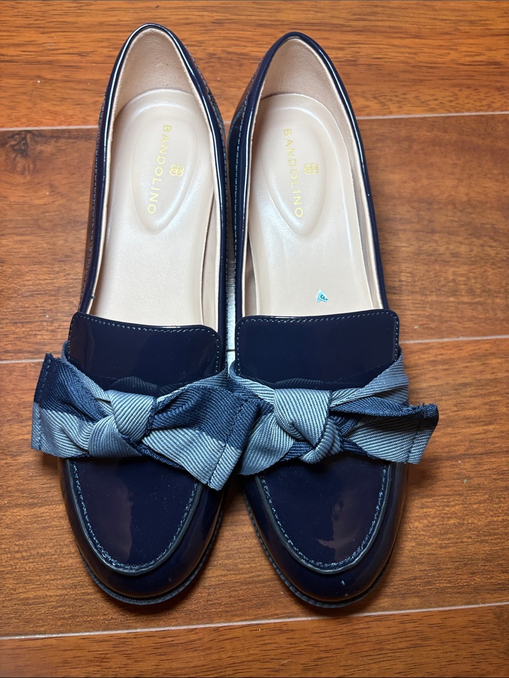 Bandolino Navy Patent Loafers with Striped Bow Accent